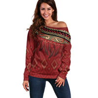 Aotearoa Maori Waikato Tainui Iwi Off Shoulder Sweater Korowai Tukutuku Kaokao Motifs LT7 Women Red - Polynesian Pride