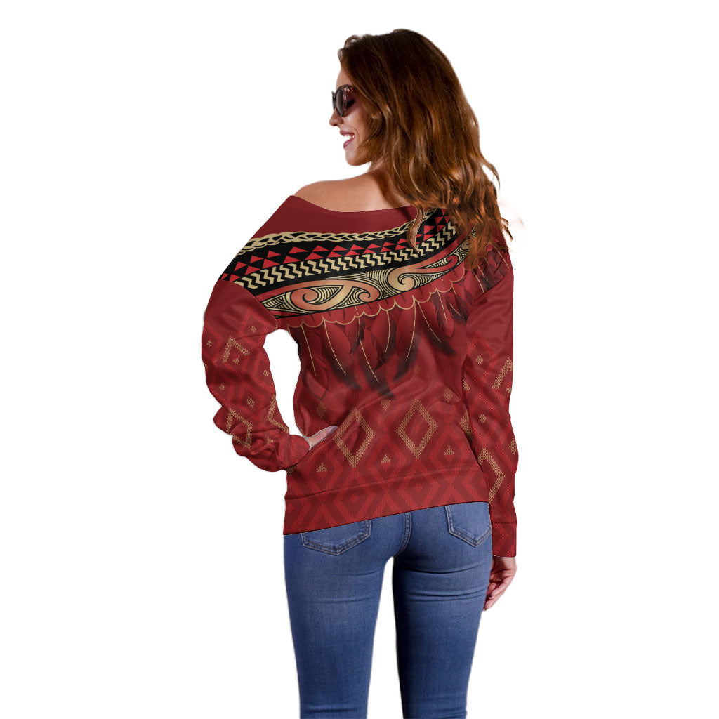 Aotearoa Maori Waikato Tainui Iwi Off Shoulder Sweater Korowai Tukutuku Kaokao Motifs LT7 - Polynesian Pride