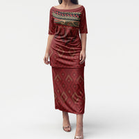 Aotearoa Maori Waikato Tainui Iwi Puletasi Korowai Tukutuku Kaokao Motifs LT7 Long Dress Red - Polynesian Pride