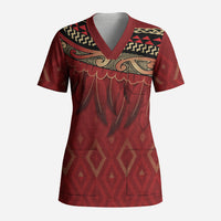 Aotearoa Maori Waikato Tainui Iwi Scrub Top Korowai Tukutuku Kaokao Motifs LT7 Adult Red - Polynesian Pride