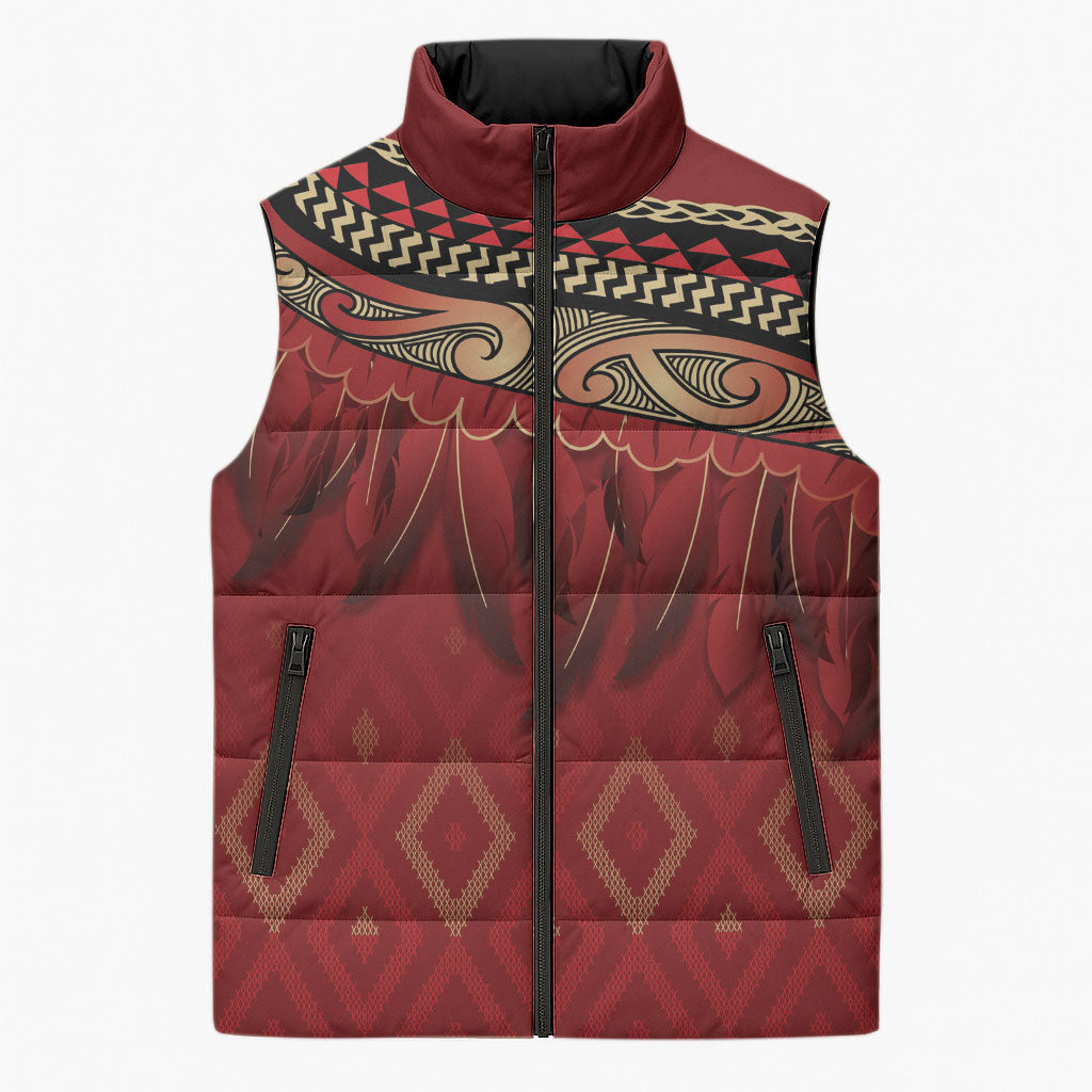 Aotearoa Maori Waikato Tainui Iwi Sleeveless Puffer Jacket Korowai Tukutuku Kaokao Motifs LT7 Unisex Red - Polynesian Pride