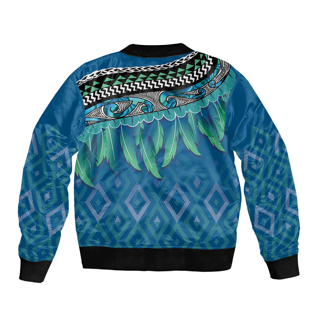 Aotearoa Maori Ngati Kahungunu Iwi Paua Blue Bomber Jacket Korowai Tukutuku Kaokao Motifs LT7 - Polynesian Pride