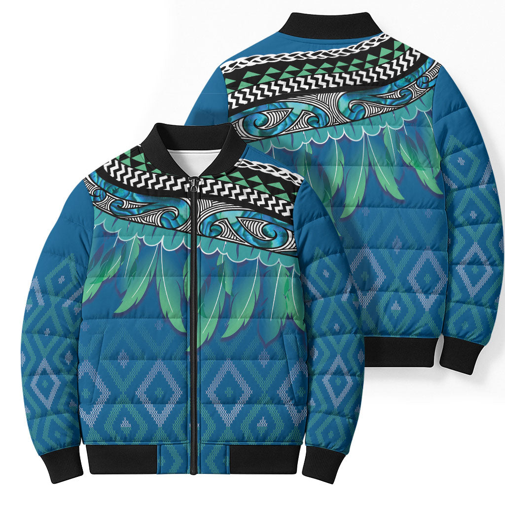 Aotearoa Maori Ngati Kahungunu Iwi Paua Blue Bomber Puffer Jacket Korowai Tukutuku Kaokao Motifs LT7 - Polynesian Pride