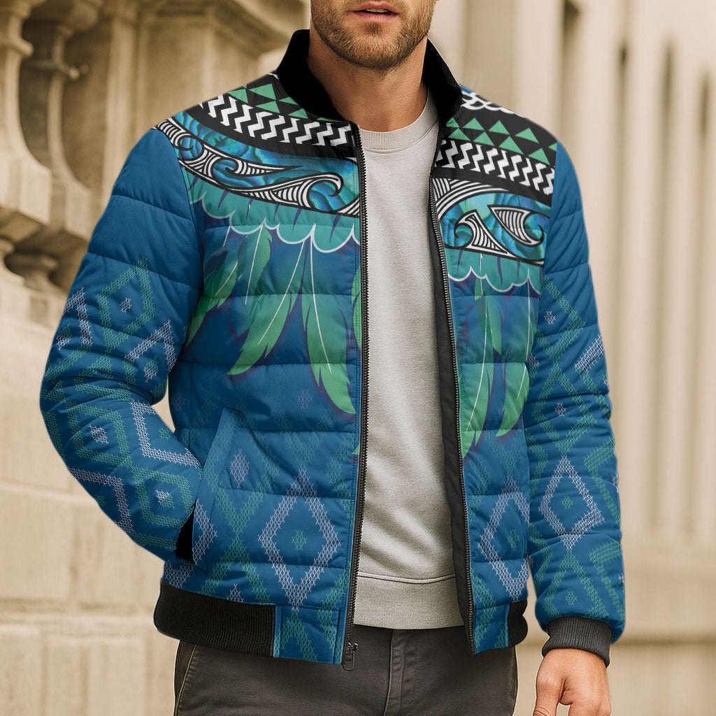 Aotearoa Maori Ngati Kahungunu Iwi Paua Blue Bomber Puffer Jacket Korowai Tukutuku Kaokao Motifs LT7 - Polynesian Pride
