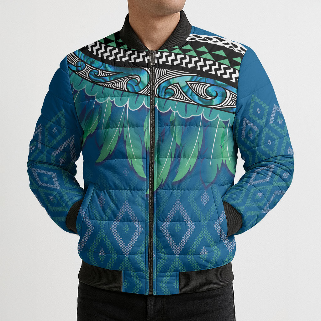 Aotearoa Maori Ngati Kahungunu Iwi Paua Blue Bomber Puffer Jacket Korowai Tukutuku Kaokao Motifs LT7 - Polynesian Pride