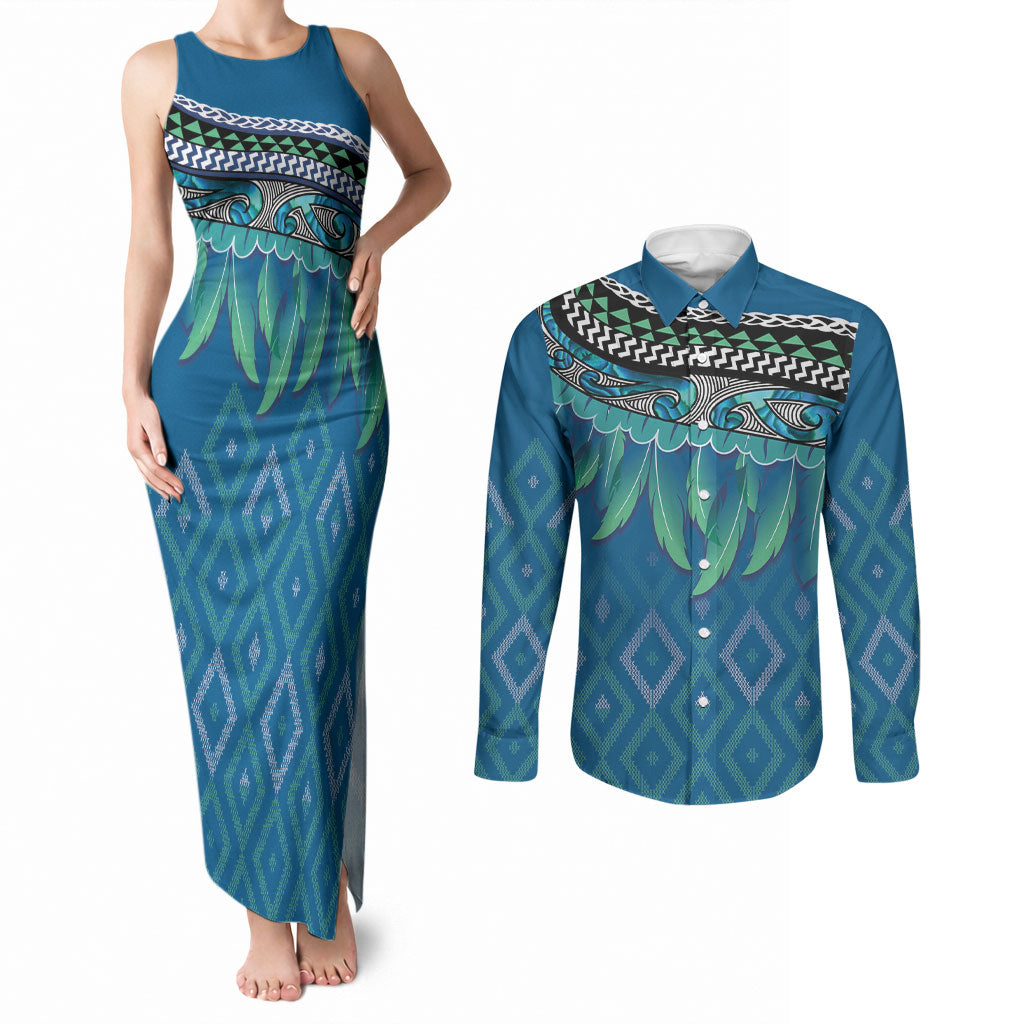 Aotearoa Maori Ngati Kahungunu Iwi Paua Blue Couples Matching Tank Maxi Dress and Long Sleeve Button Shirt Korowai Tukutuku Kaokao Motifs LT7 Green Blue - Polynesian Pride