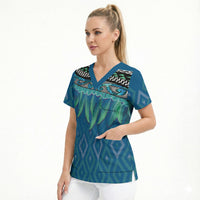 Aotearoa Maori Ngati Kahungunu Iwi Paua Blue Scrub Top Korowai Tukutuku Kaokao Motifs LT7 - Polynesian Pride