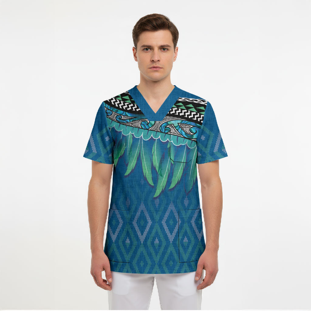 Aotearoa Maori Ngati Kahungunu Iwi Paua Blue Scrub Top Korowai Tukutuku Kaokao Motifs LT7 - Polynesian Pride