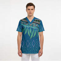 Aotearoa Maori Ngati Kahungunu Iwi Paua Blue Scrub Top Korowai Tukutuku Kaokao Motifs LT7 - Polynesian Pride