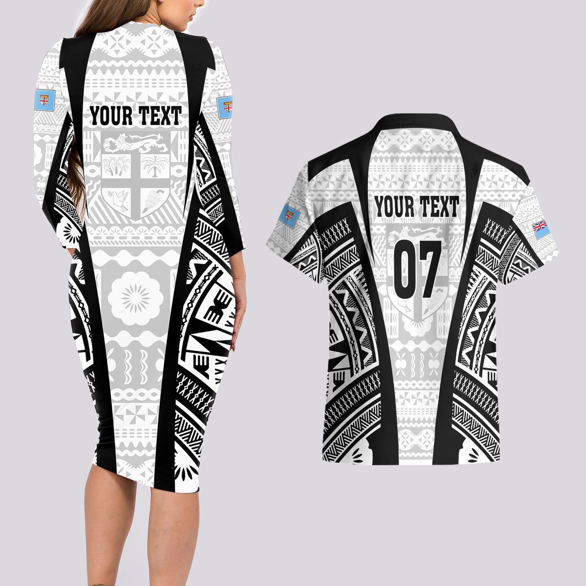 Personalised Fiji Rugby Couples Matching Long Sleeve Bodycon Dress and Hawaiian Shirt 2023 World Cup History Makers - White Ver LT7 - Polynesian Pride
