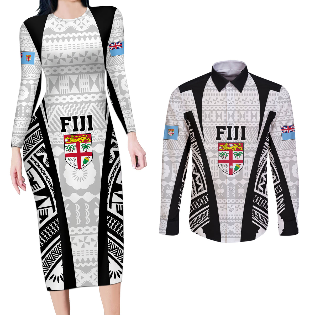 Personalised Fiji Rugby Couples Matching Long Sleeve Bodycon Dress and Long Sleeve Button Shirts 2023 World Cup History Makers - White Ver LT7 White - Polynesian Pride