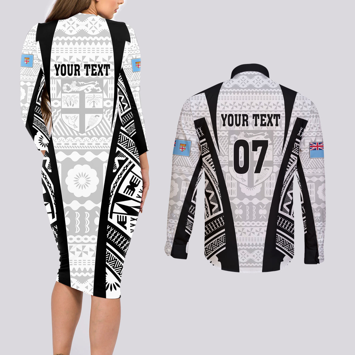 Personalised Fiji Rugby Couples Matching Long Sleeve Bodycon Dress and Long Sleeve Button Shirts 2023 World Cup History Makers - White Ver LT7 - Polynesian Pride