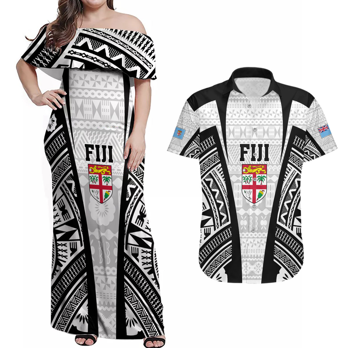 Personalised Fiji Rugby Couples Matching Off Shoulder Maxi Dress and Hawaiian Shirt 2023 World Cup History Makers - White Ver LT7 White - Polynesian Pride