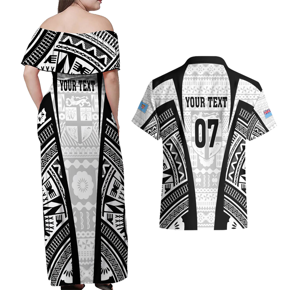 Personalised Fiji Rugby Couples Matching Off Shoulder Maxi Dress and Hawaiian Shirt 2023 World Cup History Makers - White Ver LT7 - Polynesian Pride