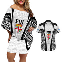 Personalised Fiji Rugby Couples Matching Off Shoulder Short Dress and Hawaiian Shirt 2023 World Cup History Makers - White Ver LT7 White - Polynesian Pride