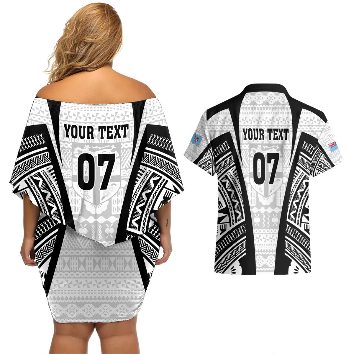 Personalised Fiji Rugby Couples Matching Off Shoulder Short Dress and Hawaiian Shirt 2023 World Cup History Makers - White Ver LT7 - Polynesian Pride