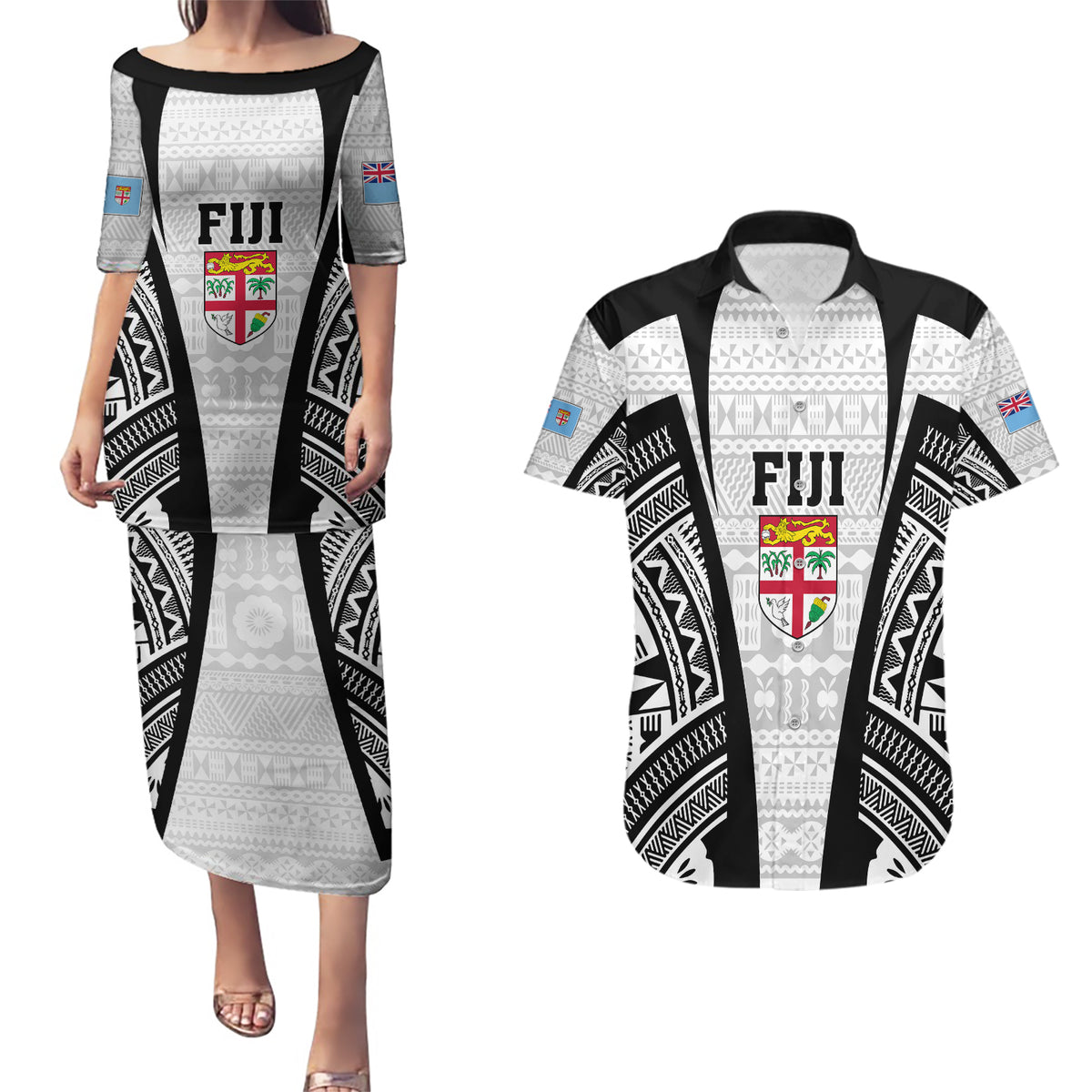 Personalised Fiji Rugby Couples Matching Puletasi Dress and Hawaiian Shirt 2023 World Cup History Makers - White Ver LT7 White - Polynesian Pride