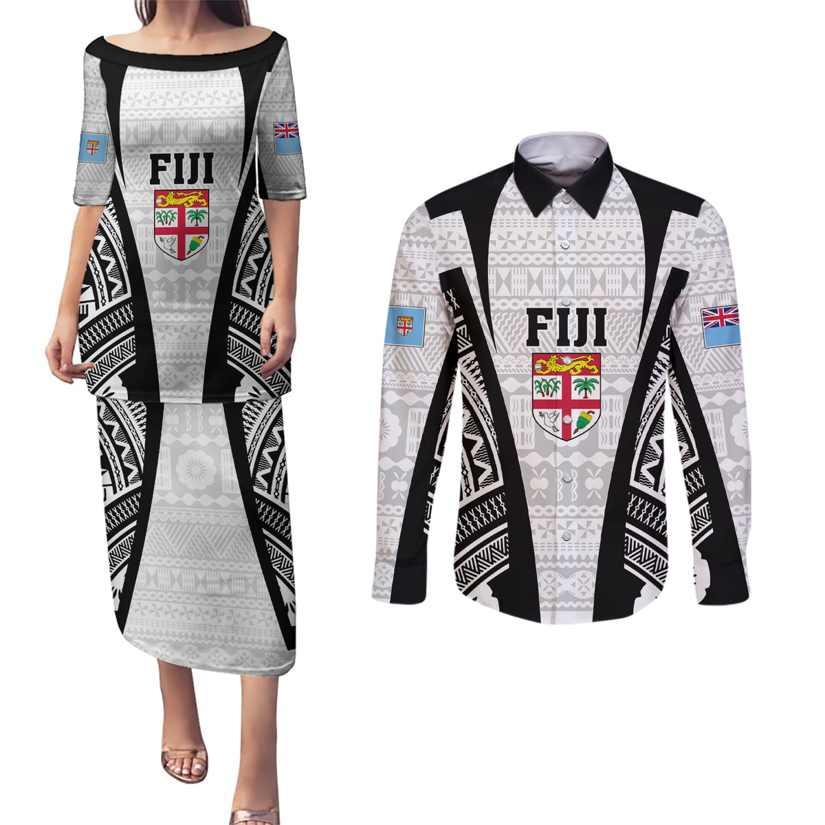 Personalised Fiji Rugby Couples Matching Puletasi Dress and Long Sleeve Button Shirts 2023 World Cup History Makers - White Ver LT7 White - Polynesian Pride