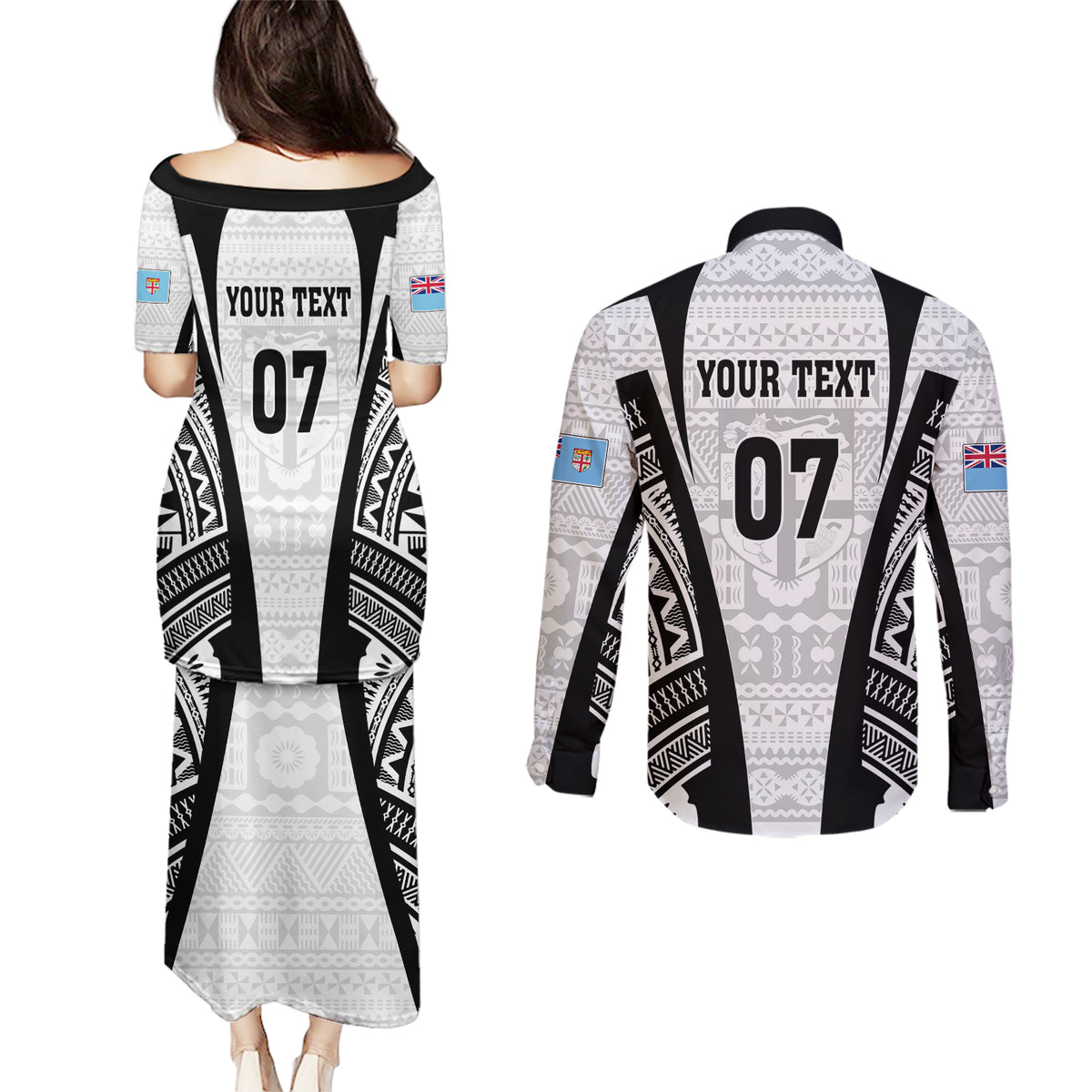 Personalised Fiji Rugby Couples Matching Puletasi Dress and Long Sleeve Button Shirts 2023 World Cup History Makers - White Ver LT7 - Polynesian Pride