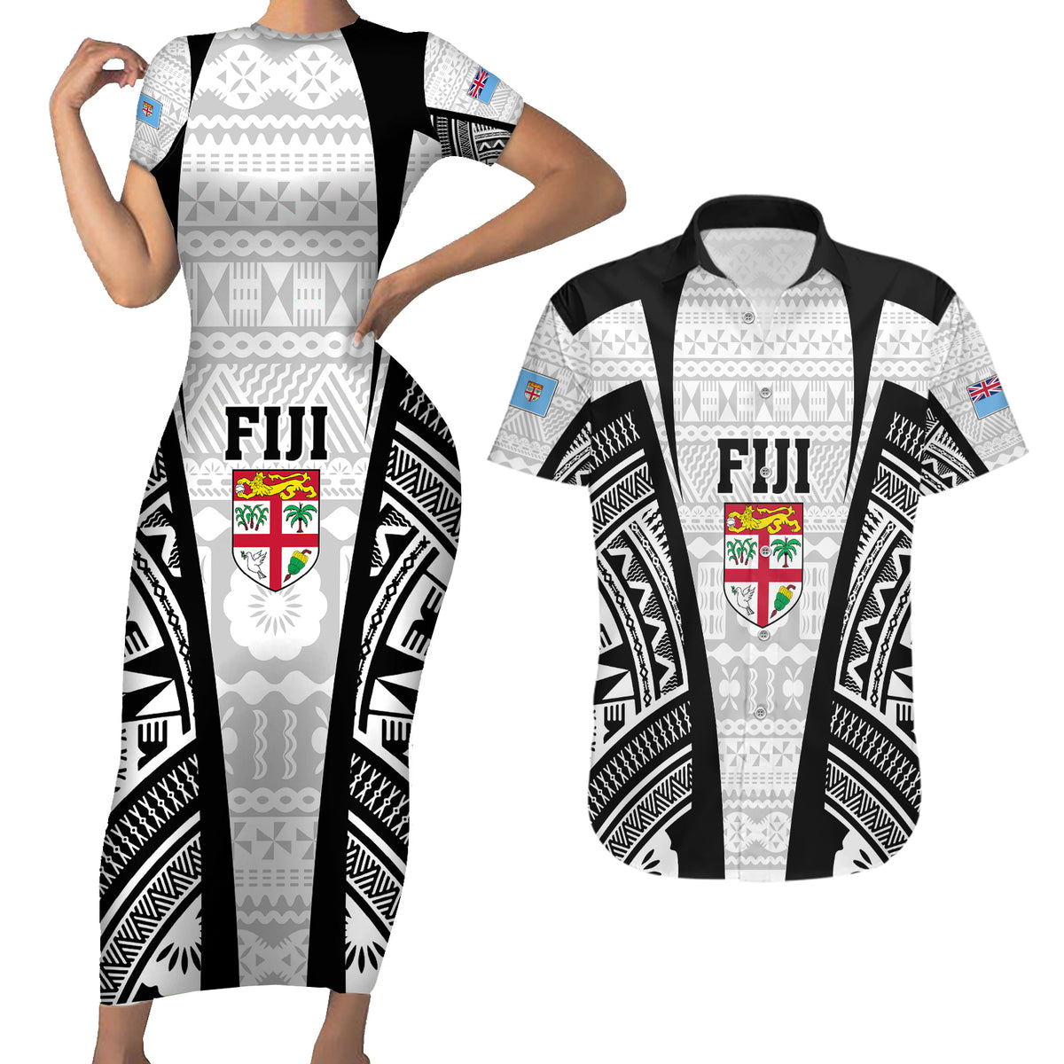 Personalised Fiji Rugby Couples Matching Short Sleeve Bodycon Dress and Hawaiian Shirt 2023 World Cup History Makers - White Ver LT7 White - Polynesian Pride