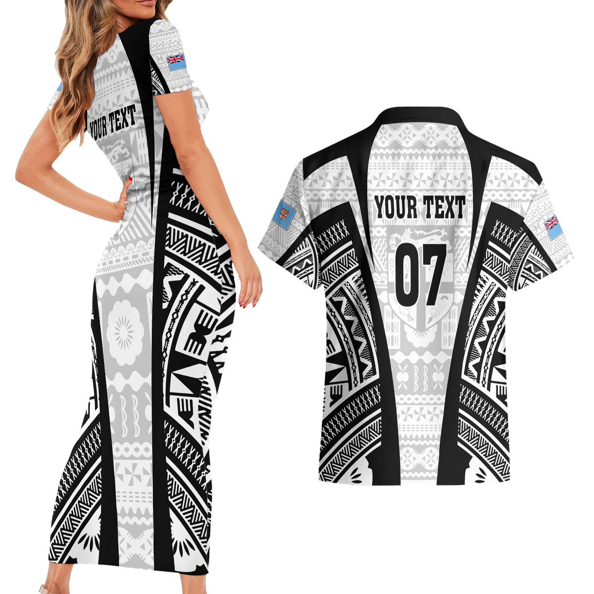Personalised Fiji Rugby Couples Matching Short Sleeve Bodycon Dress and Hawaiian Shirt 2023 World Cup History Makers - White Ver LT7 - Polynesian Pride