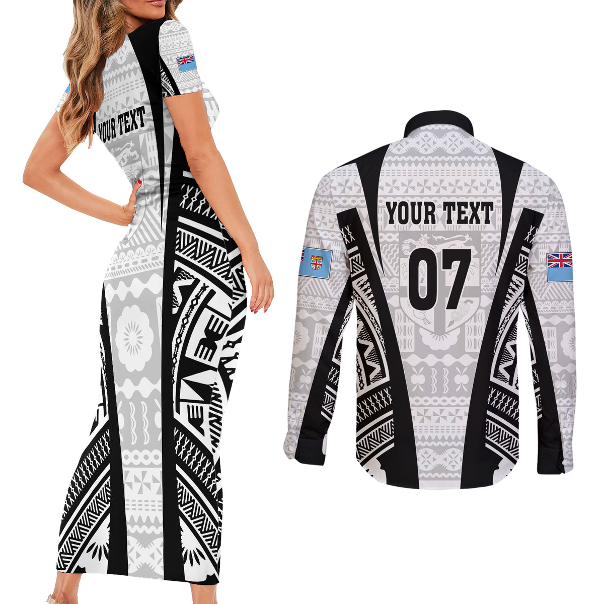 Personalised Fiji Rugby Couples Matching Short Sleeve Bodycon Dress and Long Sleeve Button Shirts 2023 World Cup History Makers - White Ver LT7 - Polynesian Pride