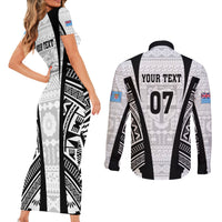 Personalised Fiji Rugby Couples Matching Short Sleeve Bodycon Dress and Long Sleeve Button Shirts 2023 World Cup History Makers - White Ver LT7 - Polynesian Pride