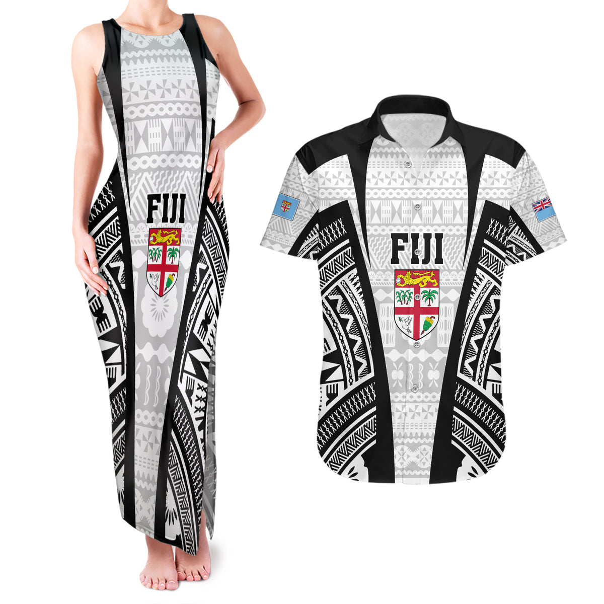 Personalised Fiji Rugby Couples Matching Tank Maxi Dress and Hawaiian Shirt 2023 World Cup History Makers - White Ver LT7 White - Polynesian Pride