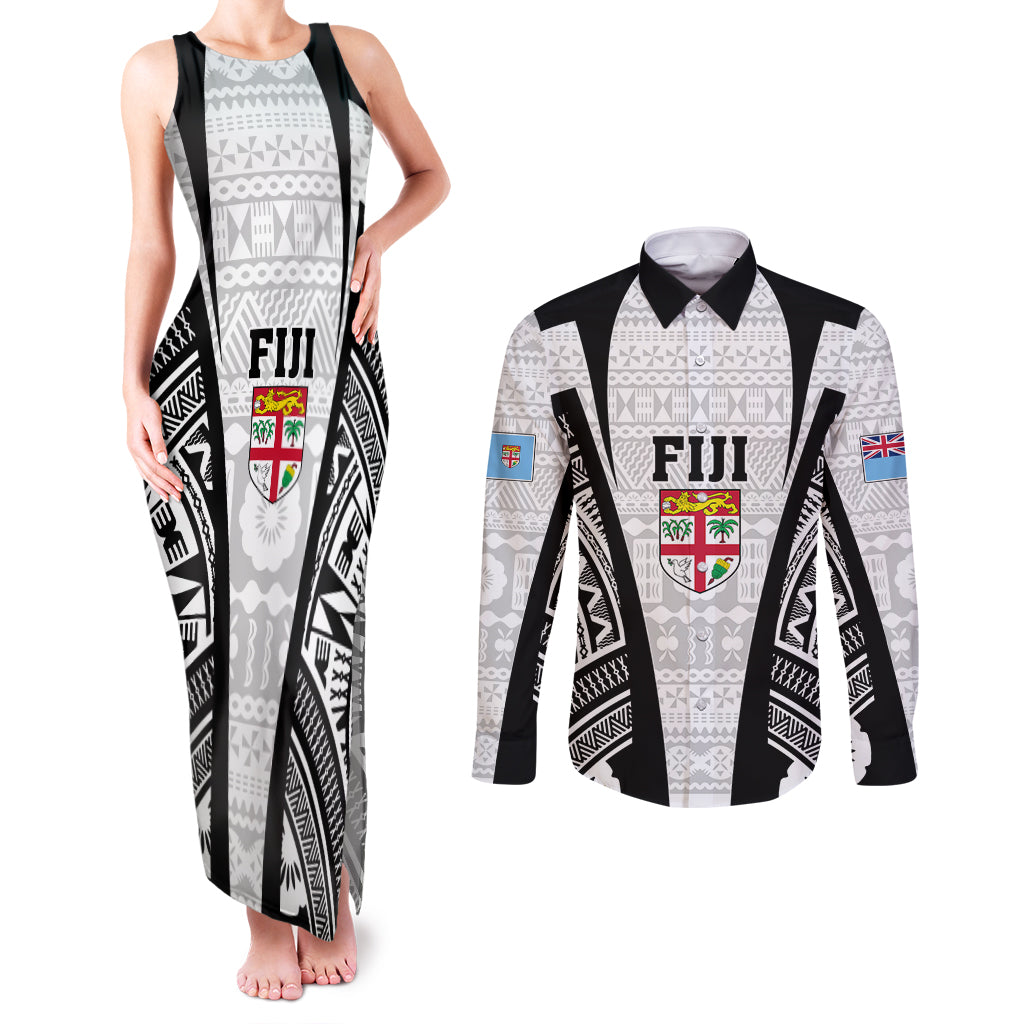 Personalised Fiji Rugby Couples Matching Tank Maxi Dress and Long Sleeve Button Shirts 2023 World Cup History Makers - White Ver LT7 White - Polynesian Pride