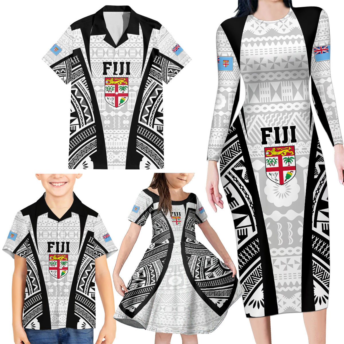 Personalised Fiji Rugby Family Matching Long Sleeve Bodycon Dress and Hawaiian Shirt 2023 World Cup History Makers - White Ver LT7 - Polynesian Pride