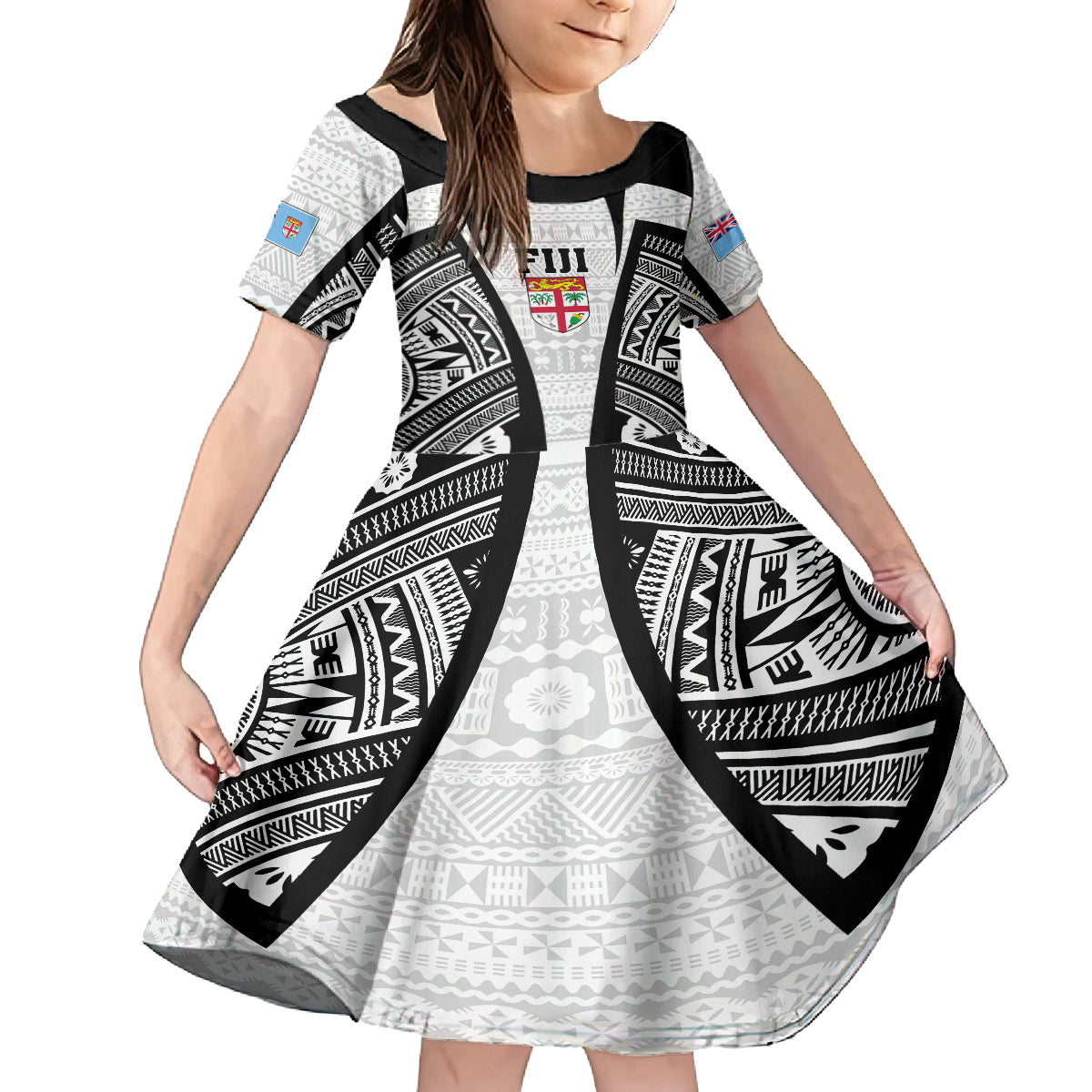 Personalised Fiji Rugby Family Matching Off Shoulder Short Dress and Hawaiian Shirt 2023 World Cup History Makers - White Ver LT7 Daughter's Dress White - Polynesian Pride