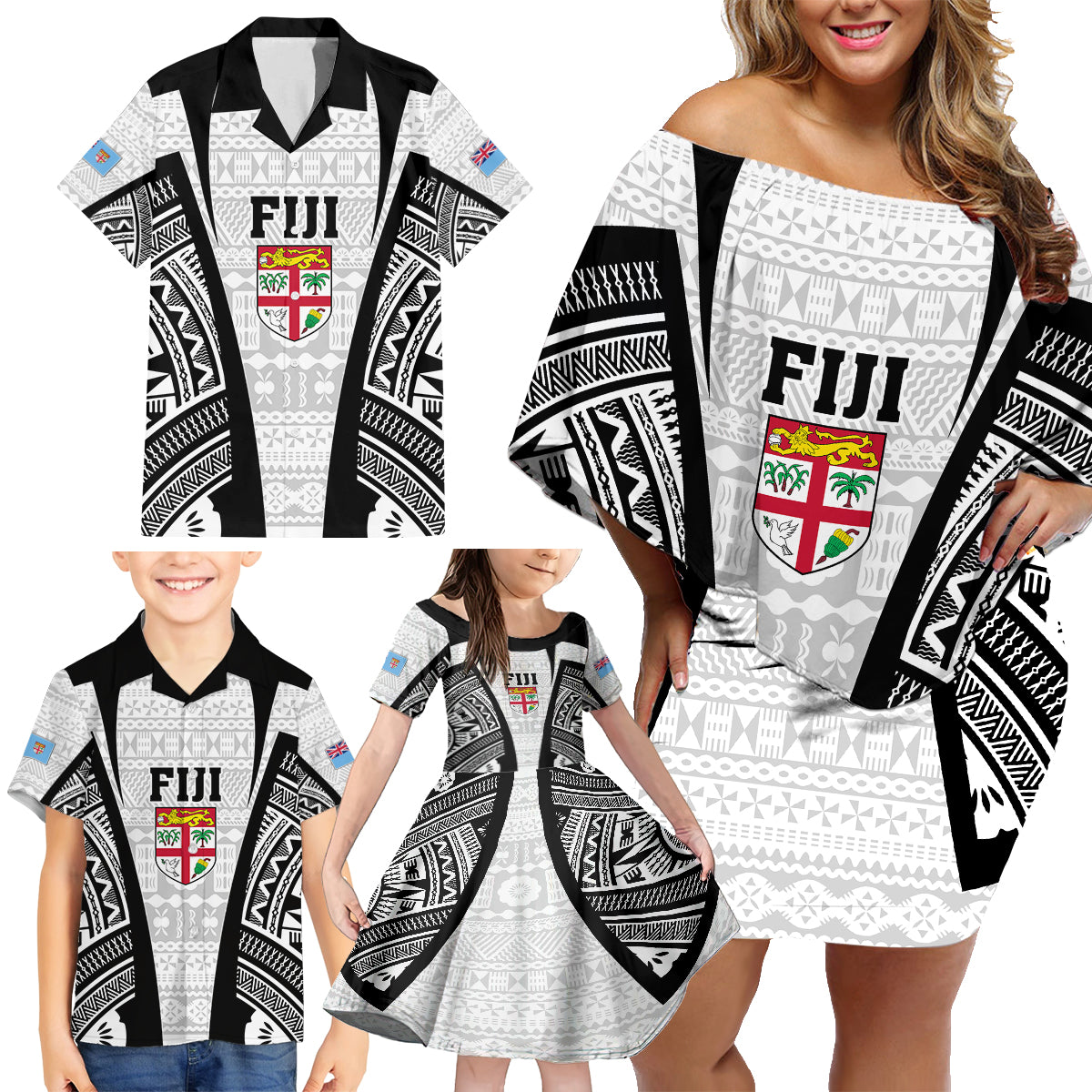Personalised Fiji Rugby Family Matching Off Shoulder Short Dress and Hawaiian Shirt 2023 World Cup History Makers - White Ver LT7 - Polynesian Pride