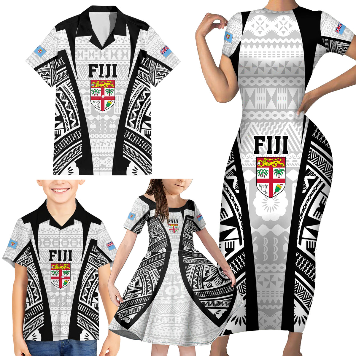 Personalised Fiji Rugby Family Matching Short Sleeve Bodycon Dress and Hawaiian Shirt 2023 World Cup History Makers - White Ver LT7 - Polynesian Pride
