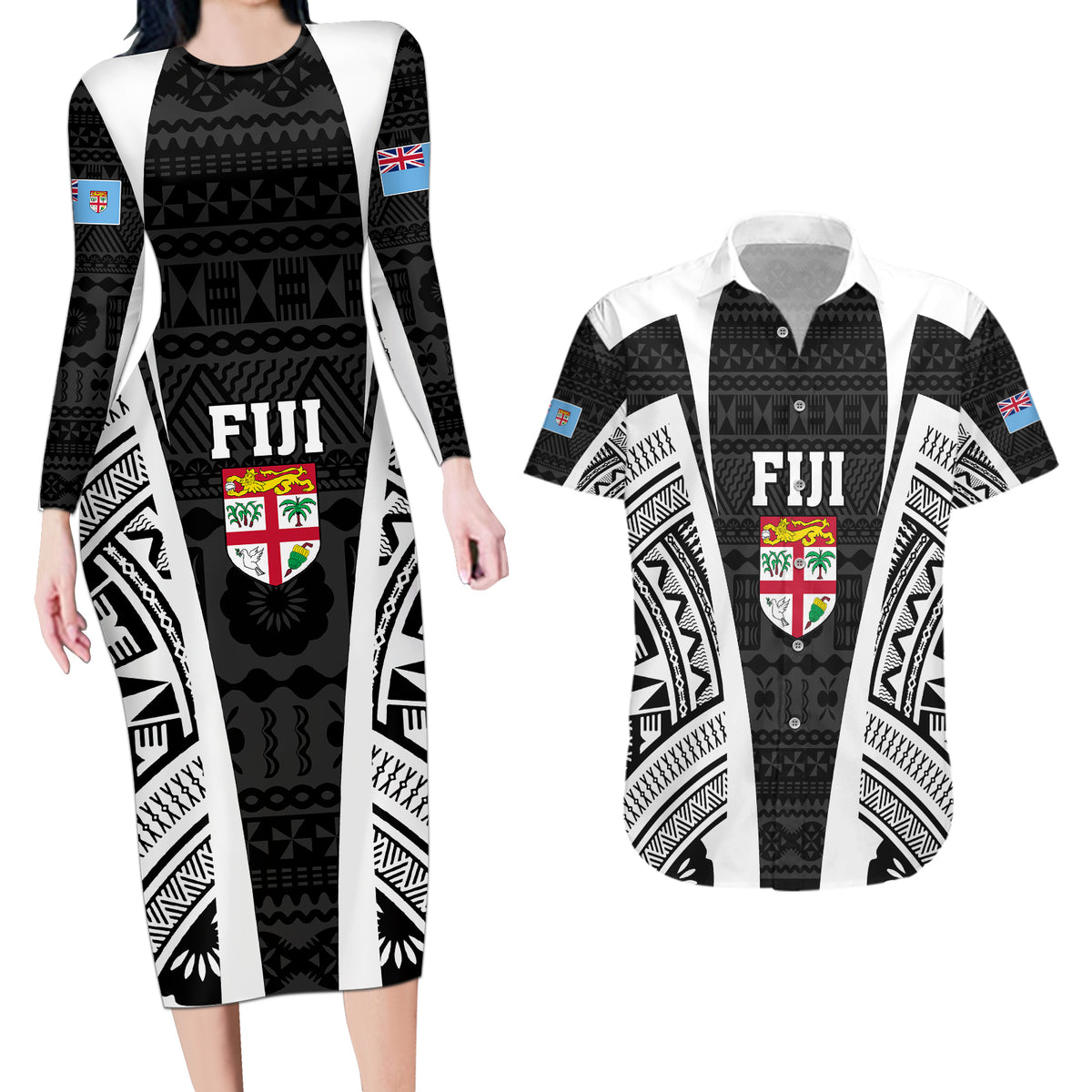 Personalised Fiji Rugby Couples Matching Long Sleeve Bodycon Dress and Hawaiian Shirt 2023 World Cup History Makers - Black Ver LT7 Black - Polynesian Pride