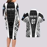 Personalised Fiji Rugby Couples Matching Long Sleeve Bodycon Dress and Hawaiian Shirt 2023 World Cup History Makers - Black Ver LT7 - Polynesian Pride
