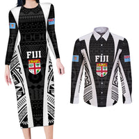 Personalised Fiji Rugby Couples Matching Long Sleeve Bodycon Dress and Long Sleeve Button Shirts 2023 World Cup History Makers - Black Ver LT7 Black - Polynesian Pride