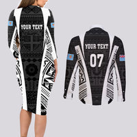 Personalised Fiji Rugby Couples Matching Long Sleeve Bodycon Dress and Long Sleeve Button Shirts 2023 World Cup History Makers - Black Ver LT7 - Polynesian Pride