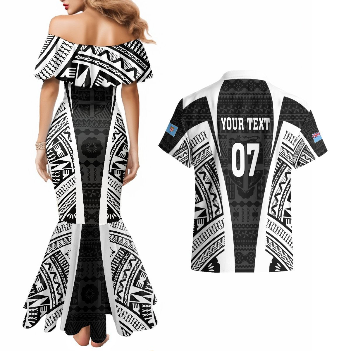 Personalised Fiji Rugby Couples Matching Mermaid Dress and Hawaiian Shirt 2023 World Cup History Makers - Black Ver LT7 - Polynesian Pride