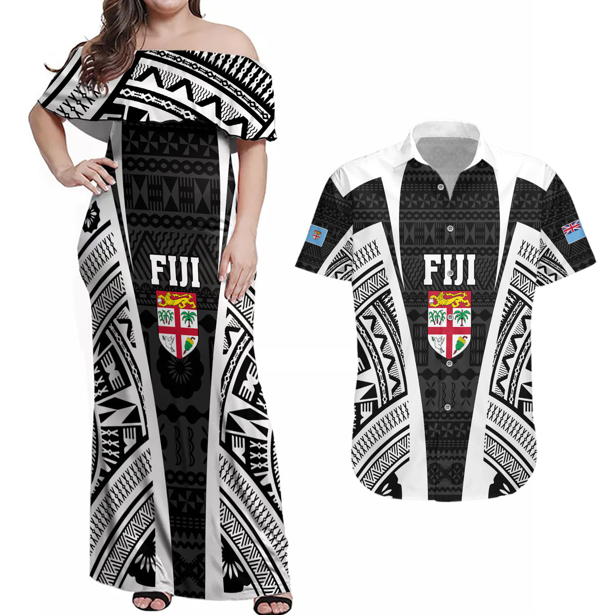 Personalised Fiji Rugby Couples Matching Off Shoulder Maxi Dress and Hawaiian Shirt 2023 World Cup History Makers - Black Ver LT7 Black - Polynesian Pride