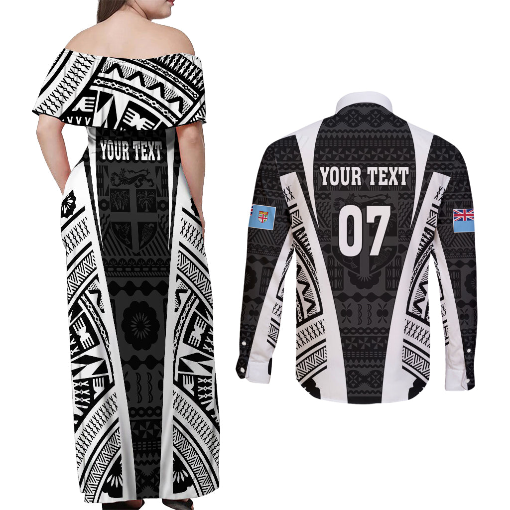 Personalised Fiji Rugby Couples Matching Off Shoulder Maxi Dress and Long Sleeve Button Shirts 2023 World Cup History Makers - Black Ver LT7 - Polynesian Pride