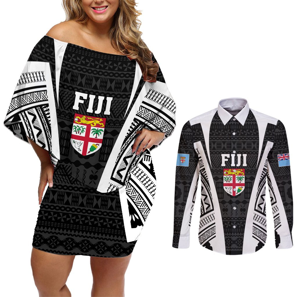 Personalised Fiji Rugby Couples Matching Off Shoulder Short Dress and Long Sleeve Button Shirts 2023 World Cup History Makers - Black Ver LT7 Black - Polynesian Pride