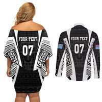 Personalised Fiji Rugby Couples Matching Off Shoulder Short Dress and Long Sleeve Button Shirts 2023 World Cup History Makers - Black Ver LT7 - Polynesian Pride