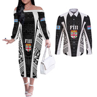 Personalised Fiji Rugby Couples Matching Off The Shoulder Long Sleeve Dress and Long Sleeve Button Shirts 2023 World Cup History Makers - Black Ver LT7 Black - Polynesian Pride