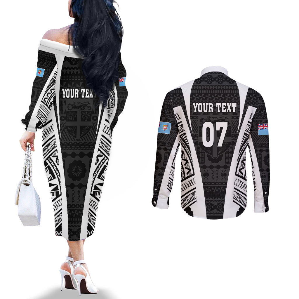 Personalised Fiji Rugby Couples Matching Off The Shoulder Long Sleeve Dress and Long Sleeve Button Shirts 2023 World Cup History Makers - Black Ver LT7 - Polynesian Pride