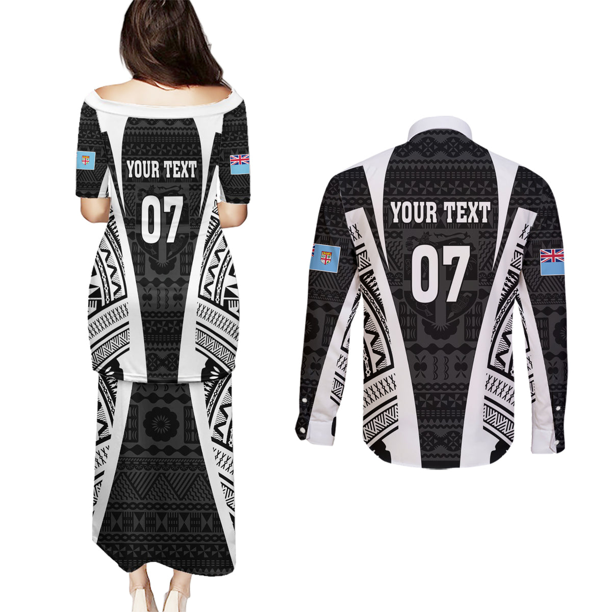 Personalised Fiji Rugby Couples Matching Puletasi Dress and Long Sleeve Button Shirts 2023 World Cup History Makers - Black Ver LT7 - Polynesian Pride