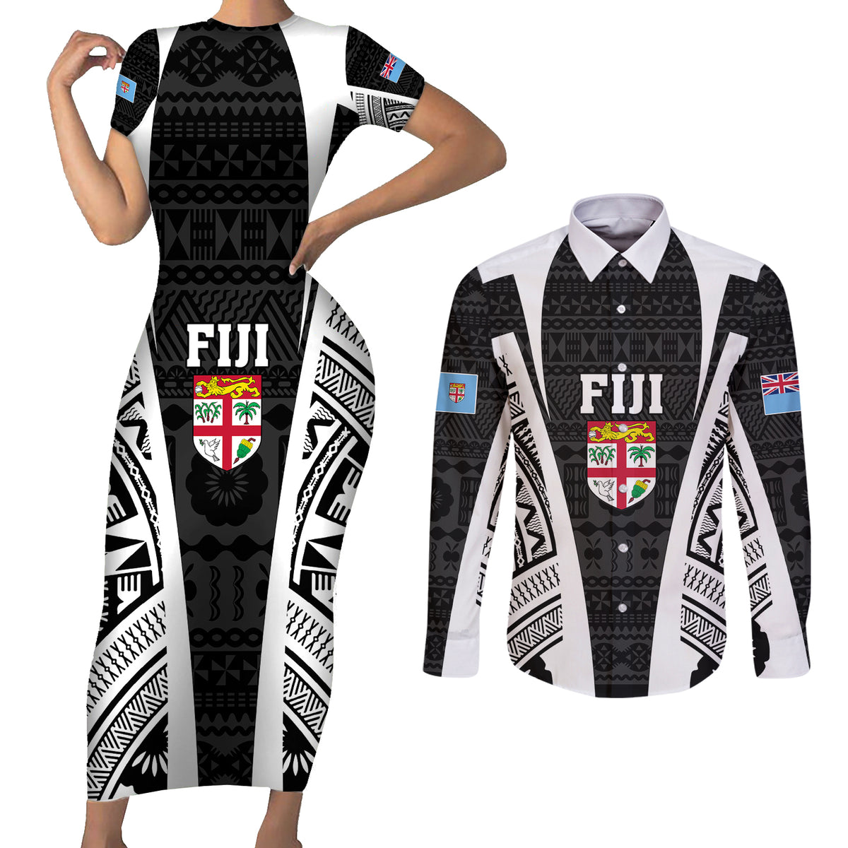 Personalised Fiji Rugby Couples Matching Short Sleeve Bodycon Dress and Long Sleeve Button Shirts 2023 World Cup History Makers - Black Ver LT7 Black - Polynesian Pride