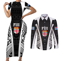 Personalised Fiji Rugby Couples Matching Short Sleeve Bodycon Dress and Long Sleeve Button Shirts 2023 World Cup History Makers - Black Ver LT7 Black - Polynesian Pride