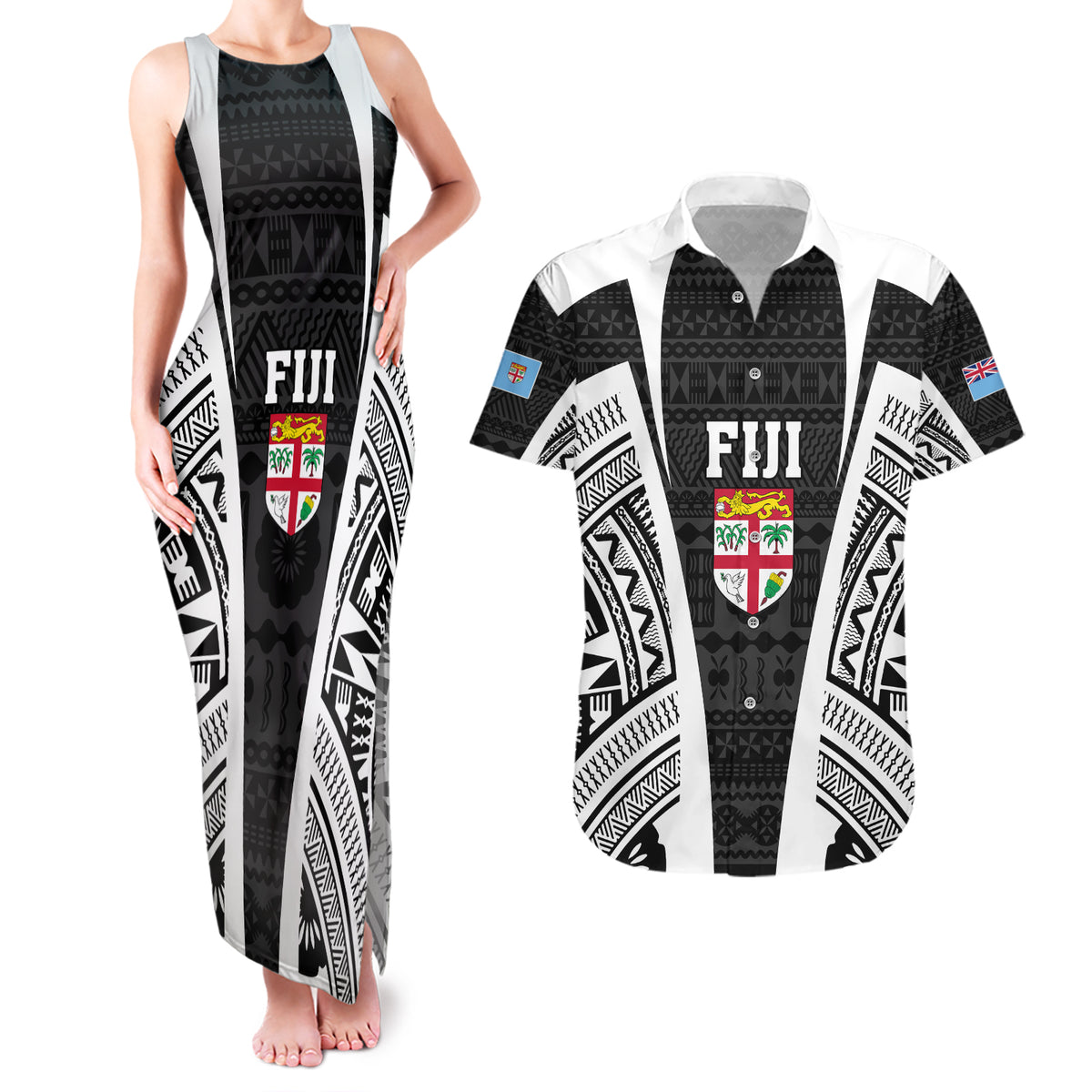 Personalised Fiji Rugby Couples Matching Tank Maxi Dress and Hawaiian Shirt 2023 World Cup History Makers - Black Ver LT7 Black - Polynesian Pride