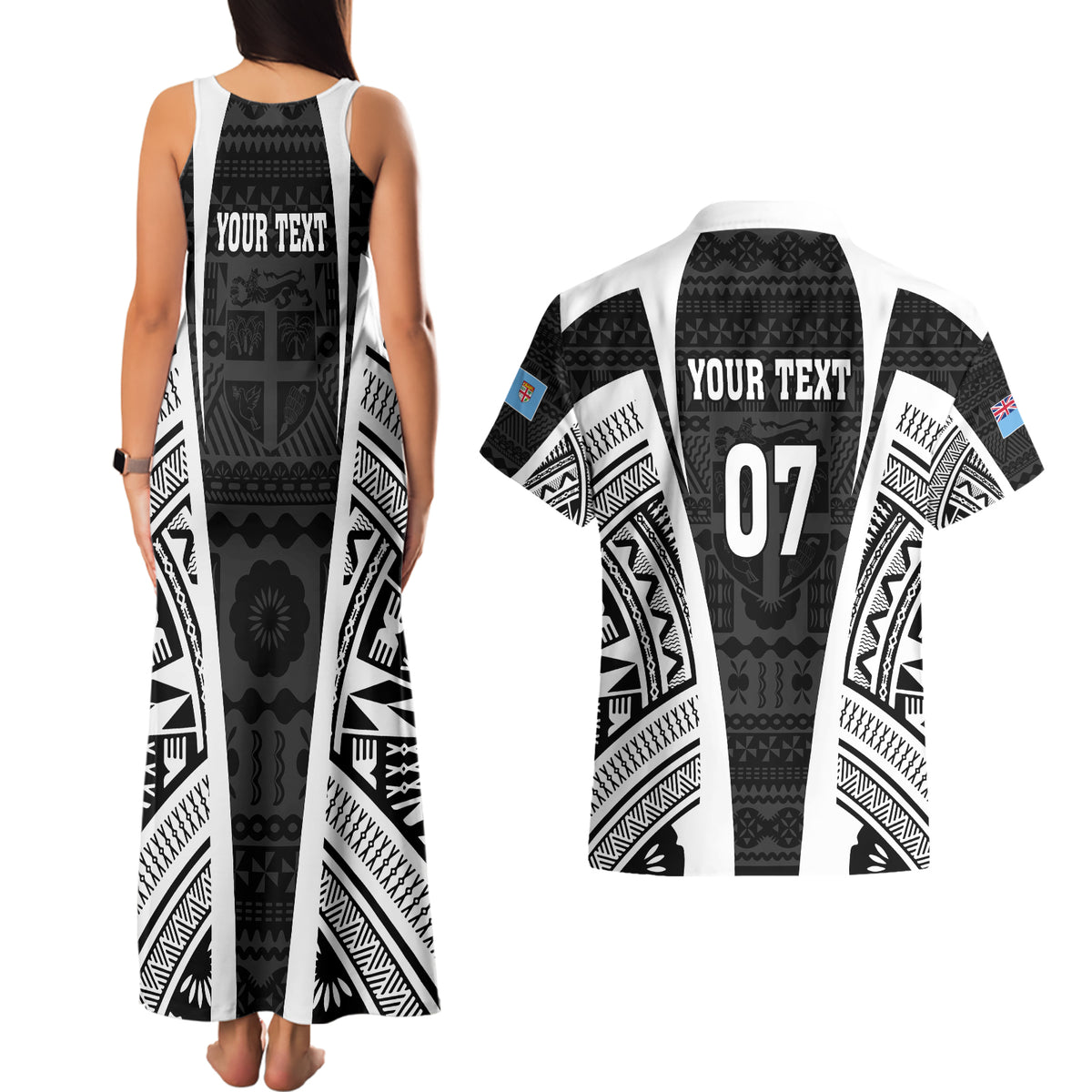 Personalised Fiji Rugby Couples Matching Tank Maxi Dress and Hawaiian Shirt 2023 World Cup History Makers - Black Ver LT7 - Polynesian Pride