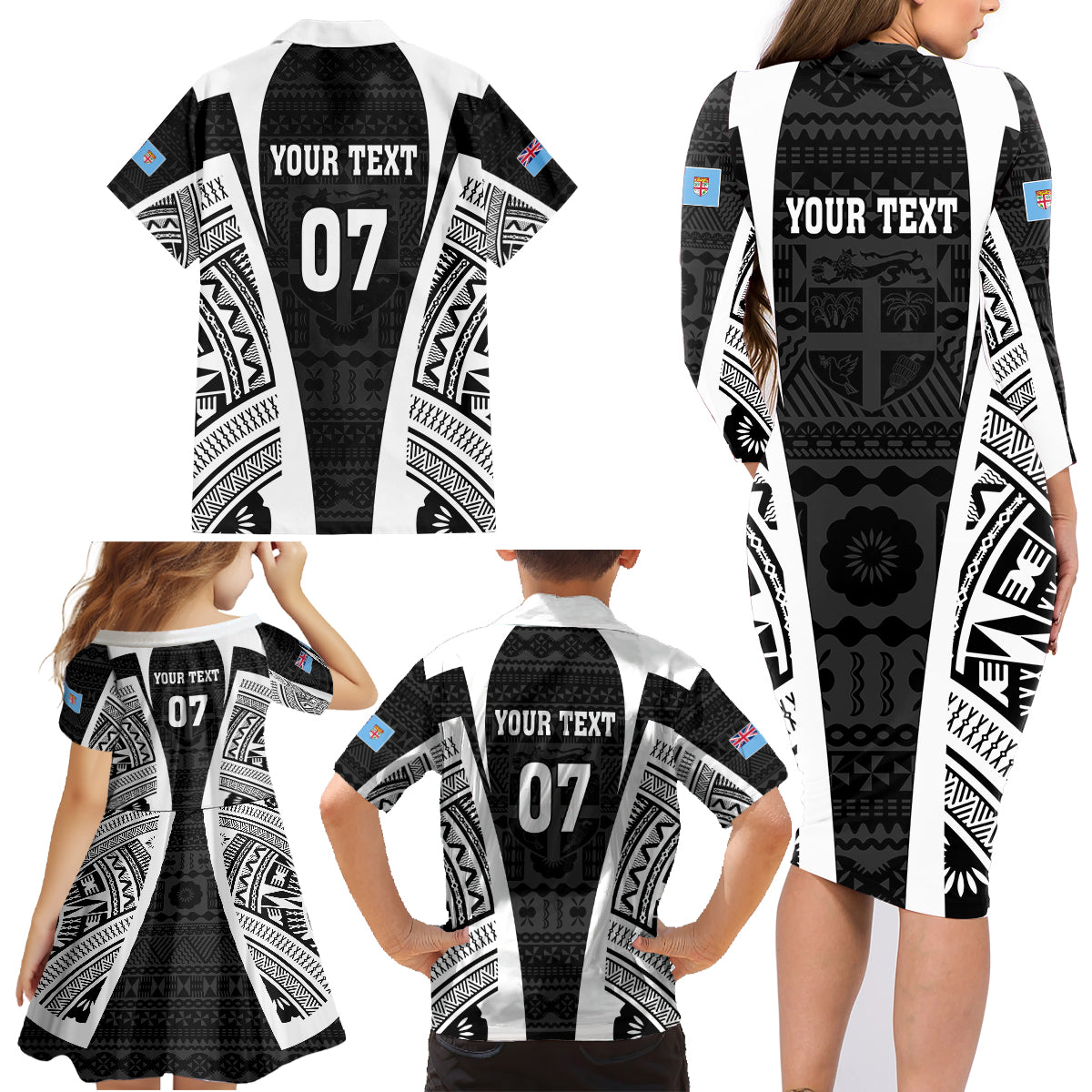 Personalised Fiji Rugby Family Matching Long Sleeve Bodycon Dress and Hawaiian Shirt 2023 World Cup History Makers - Black Ver LT7 - Polynesian Pride
